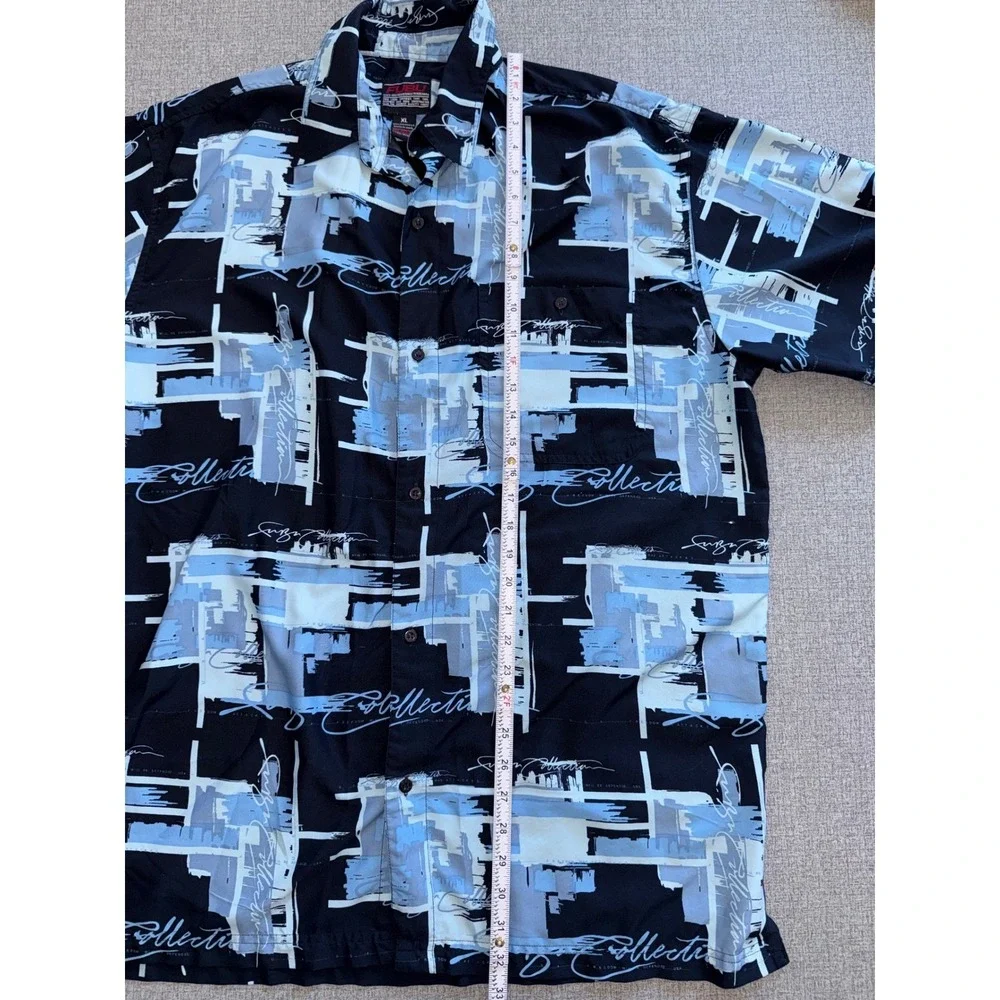 FUBU Collection Mens XL Short Sleeve Button Down Shirt Black Blue Abstract Print